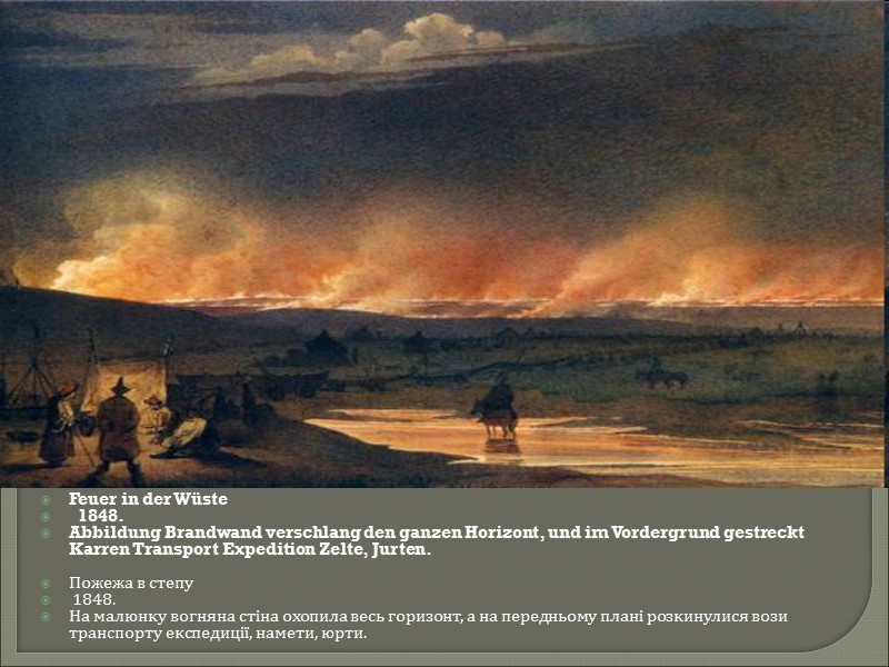 Feuer in der Wüste   1848. Abbildung Brandwand verschlang den ganzen Horizont, und